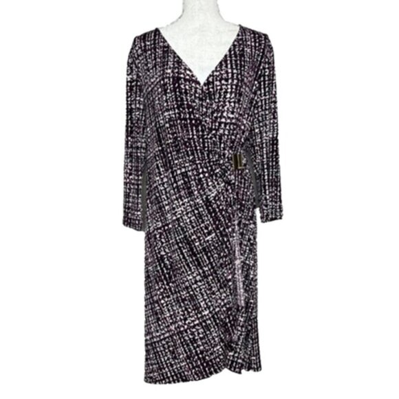 CALVIN KLEIN Calvin Klein Faux Wrap Dress Maroon Ruched V Neck Abstract SIZE XL - Picture 1 of 13